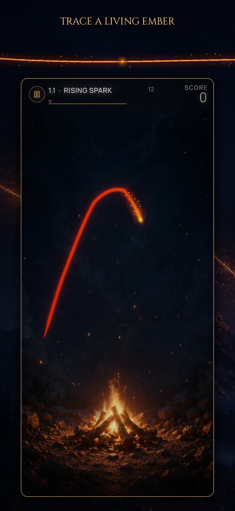 Gameplay: tracing a glowing ember path above a campfire at night